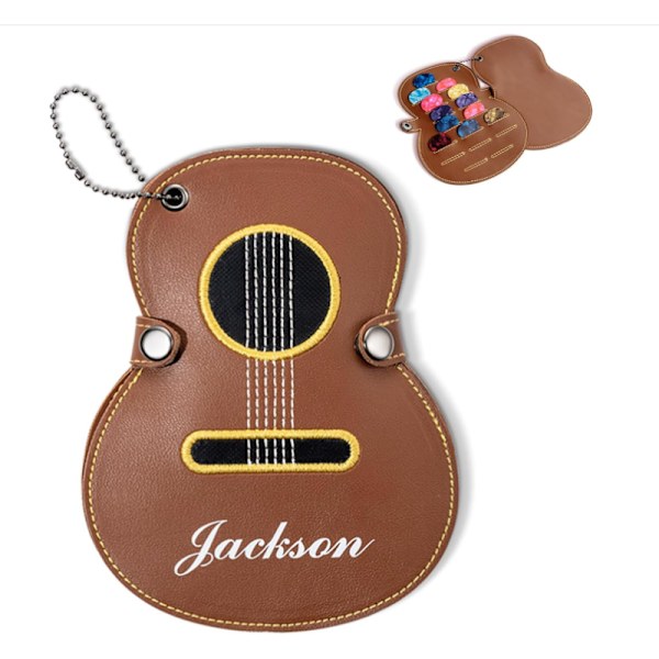 Personligt Gitarrplockfodral med 17 Fack, Personligt Fodral med Gravyr, Gitarrdesign i Läder, Förvaringspresent till Gitarrälskare Brown