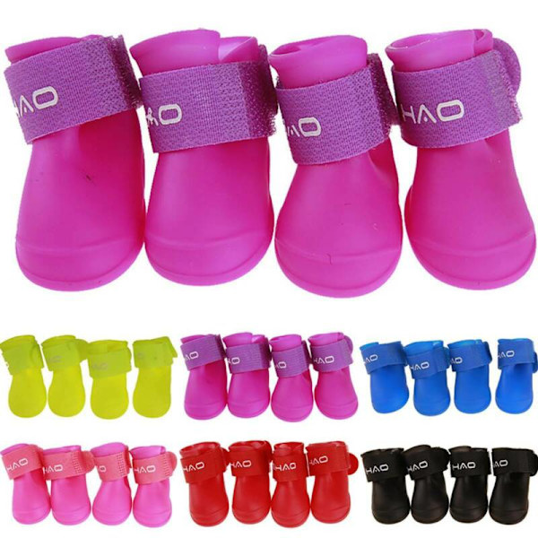 Husdjur Hund Vattentäta Skor Anti-Halk 4PCS Regn Stövlar Rose-Red S