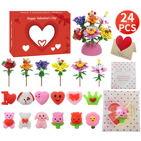 24 st Valentine's Day Byggblock Blommor Kläm Leksaker Presenter