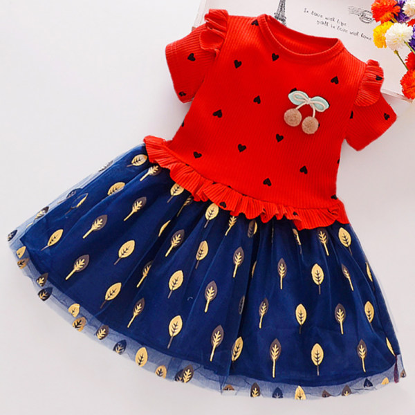 Kids Girl Crew Neck Kortärmad Polka Dot Printed Tutu Princess Short Top Dress Red 2XL