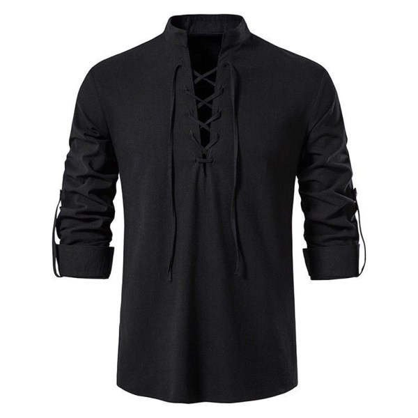 Herr Medieval Pirat Långärmad T-shirt Henley Snörning Casual Enfärgad Topp Blus Black S
