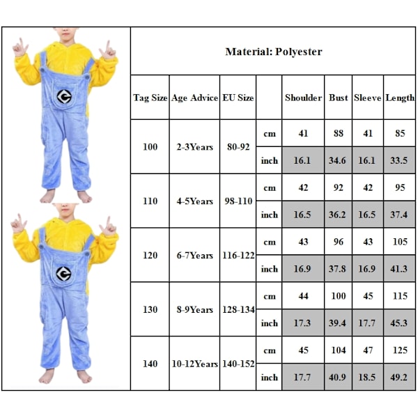 Minion-dräkt Barn Unisex Pyjamas Fest Cosplay-dräkt One Piece 100cm