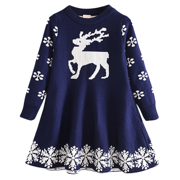 Barn flicka Jul Älg Print Långärmad Princess Dress Winter navy bule 100cm