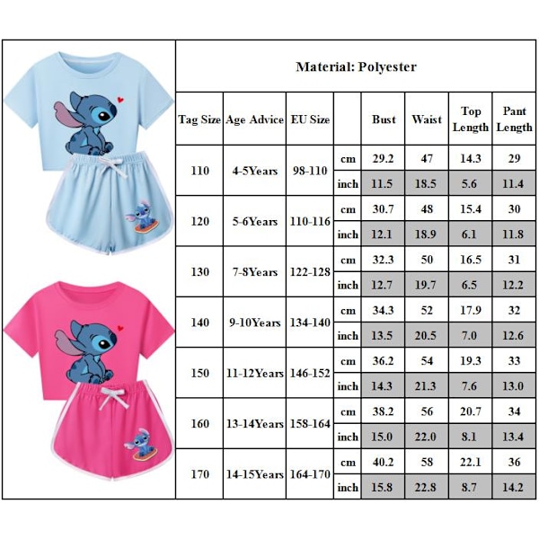 Barn Flickor Stitch Träningsdräkt Söt Tecknad Anime Kortärmad T-shirt + Shorts Set Casual Sportkläder Pink 120cm
