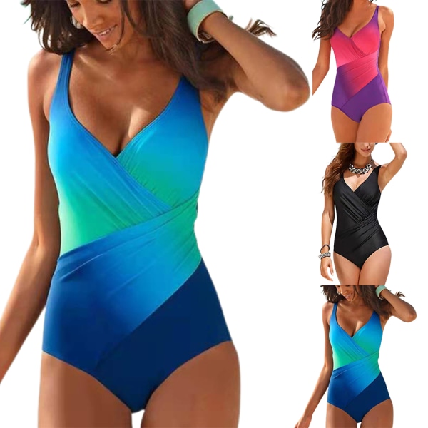 Kvinnors en-delad baddräkt sommarstrand vadderad monokini baddräkt Blue 4XL