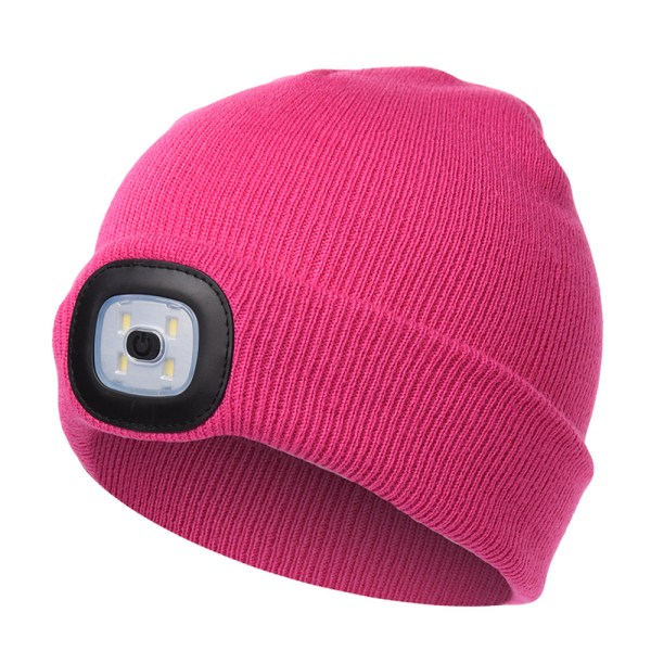 Winter Kids LED Torch Hat Light Hi Vis Stickad Thermal Beanie Torch rose red