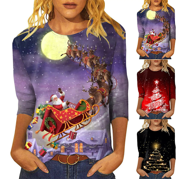 Dame Julemand Casual 3/4 Ærme Print T-shirts Julebluse B XL
