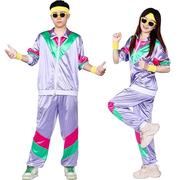 Vintage 80-tals Träningsdräkt Set Skaloverall Vindjacka Kostym Maskerad Dam Herr Purple L