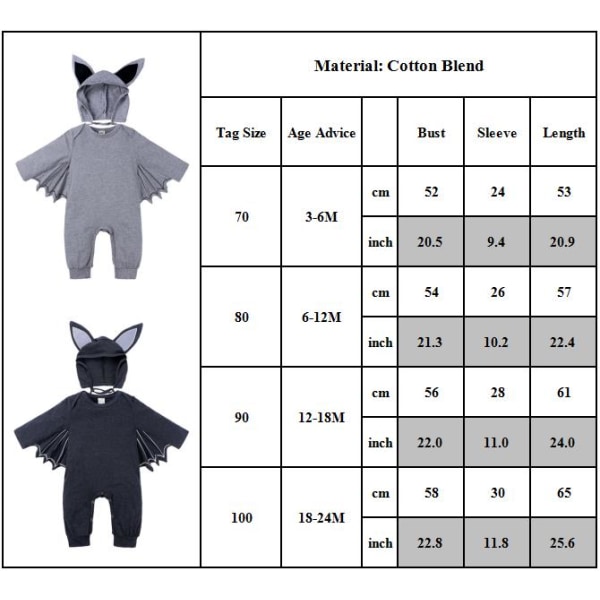 Halloween kostym nyfödd baby pojke dräkt bat jumpsuit black 70cm