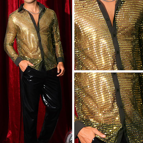Metallisk Paljett Mesh Genomskinlig Skjorta Herr Långärmad Party Nattklubb 70-tals Disco Gold 2XL