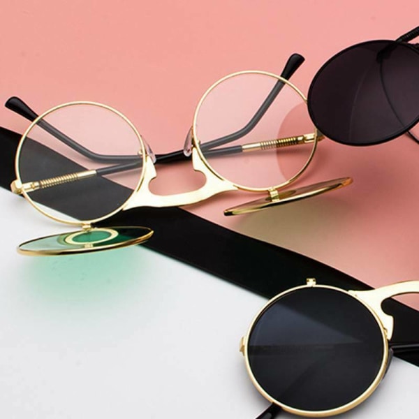 Unisex Solglasögon i Metall med Uppfällbara Linser Runda Ögon Gold Frame Gold Lenses 1pair