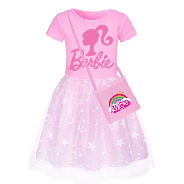 Barbie-vaaleanpunainen Prinsessa Cosplay Tyttöjen Mekko Lasten Barbie Mekko Tähti Sateenkaari Pitsihame Olkalaukulla Pink-B 140cm