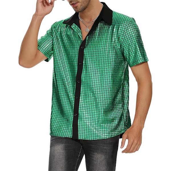 Miesten napillinen diskopaita retro 70-luku paljeteilla metallinhohtoinen lyhythihainen juhlapuku Green XL