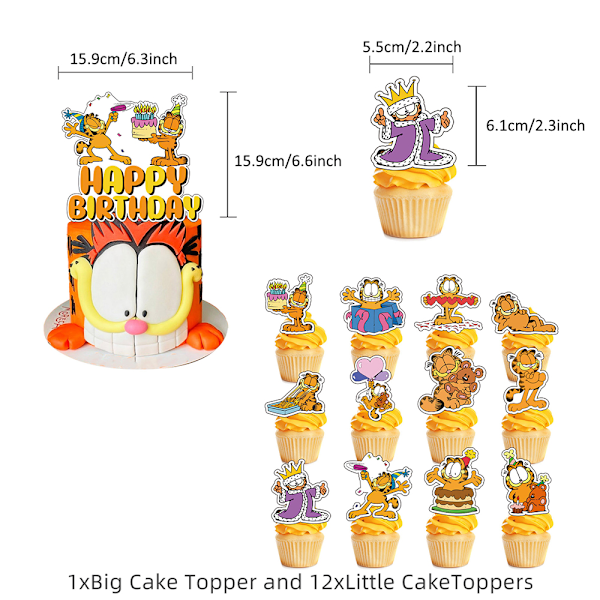 Garfield födelsedagsfest dekorationer för barn, pojkar och flickor, banderoll, ballonger, cupcake-dekorationer