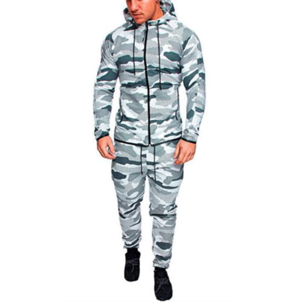 Män Camo Joggingbyxor Hoodie Tracksuit Zip Sportbyxor Set Ljus Grey M