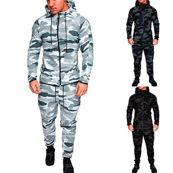 Män Camo Joggingbyxor Hoodie Tracksuit Zip Sportbyxor Set Dark Grey L