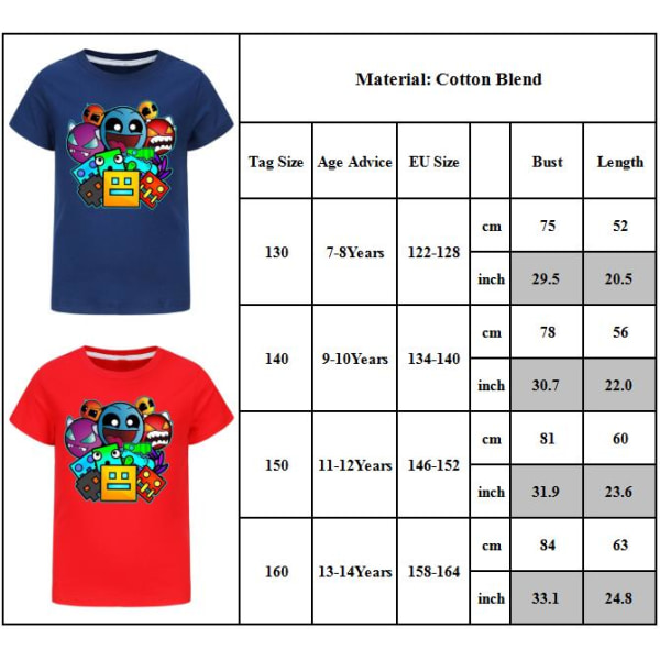 Unisex T-shirt för barn (pojkar/flickor) med Geometry Dash-motiv - Casual sommar-T-shirt med korta ärmar, 7-14 år Navy blue 130cm