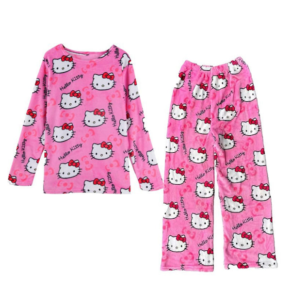 Dam- och flickor Cartoon Anime Cat All Character Print Flanell Lounge Sleep Bottoms Pyjamas + Långärmad Julset Pink L