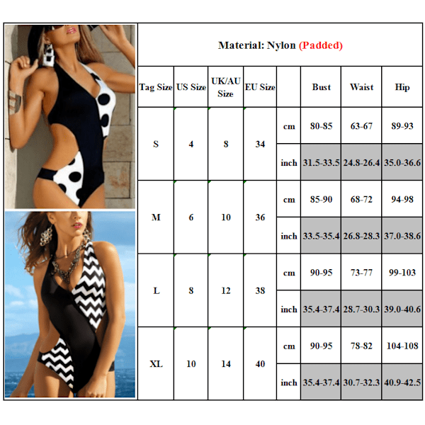 Dam One Piece Monokini Baddräkt Badkläder Push Up Bikini Black and white ripple M
