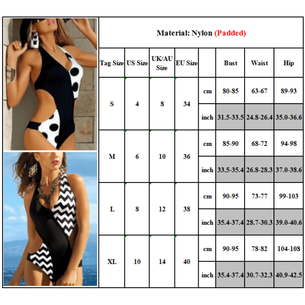 Dam One Piece Monokini Baddräkt Badkläder Push Up Bikini Black and white ripple XL