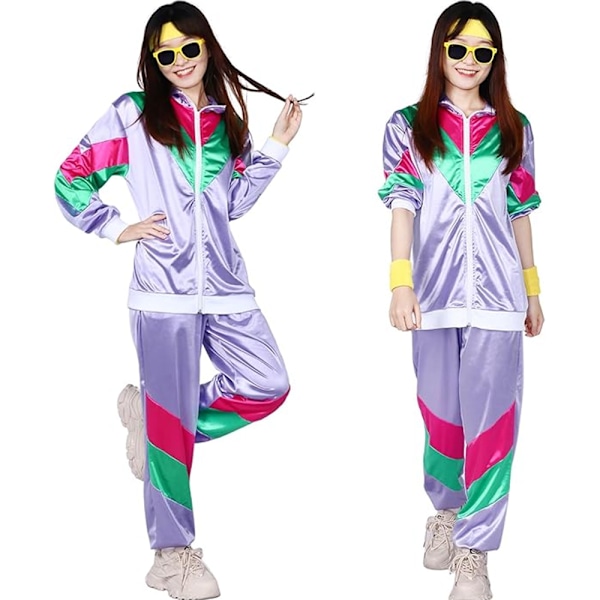 Vintage 80-tals Träningsdräkt Set Skaloverall Vindjacka Kostym Maskerad Dam Herr Purple S