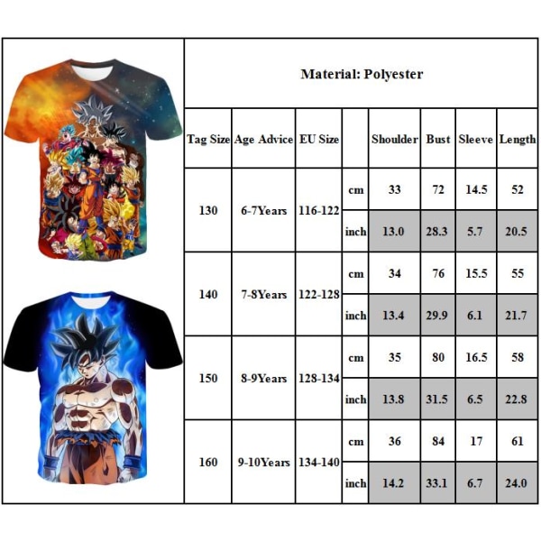 Barn Anime Z 3D Goku Sommar Breach Kortärmad T-shirt Tryckt Topp Blus Julgåva A 150cm