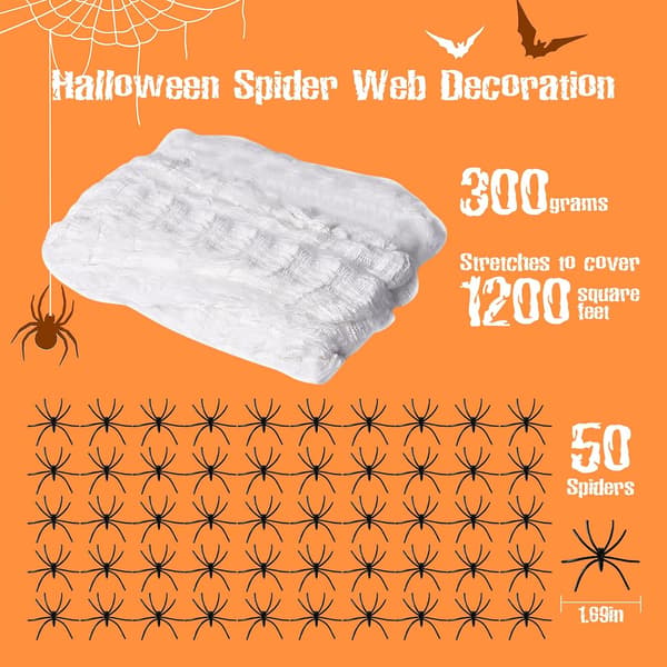 PUWOWYE Halloween-dekorasjon, 300g elastisk edderkoppnett og 50 kunstige edderkopper