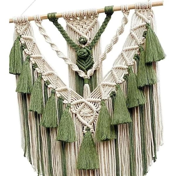 Boho Makramé Väggbonad, Handgjord Polyester, Vit & Grön, för Vardagsrumsinredning