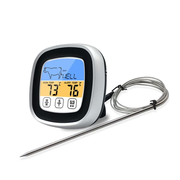 Digitalt kødtermometer, touchskærm, rustfrit stål, timer, til køkken BBQ, sort
