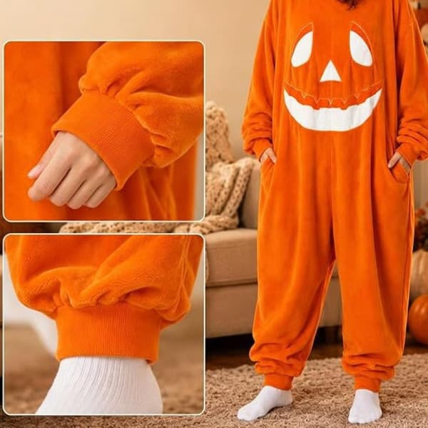 Halloween Græskar Hætte Onesie Pyjamas, Plys Jule Sæt, Orange, Stor