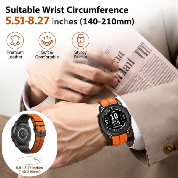22 mm læderrem med quick release til Garmin Fenix 8/7/6/5/935, brun Brown