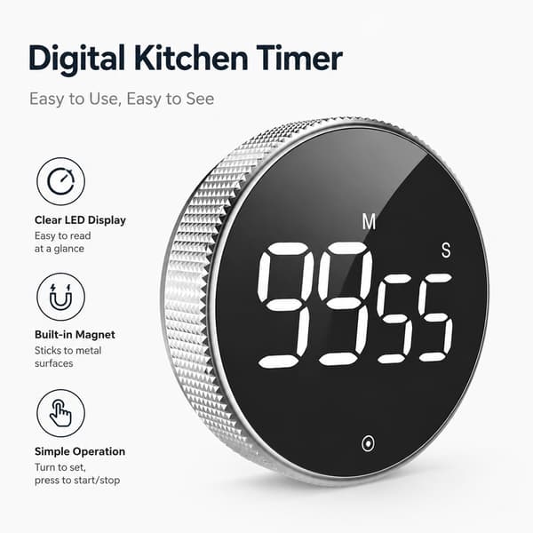 Magnetisk LED Køkkentimer, Lydløs Nedtælling, Roterende, Sort