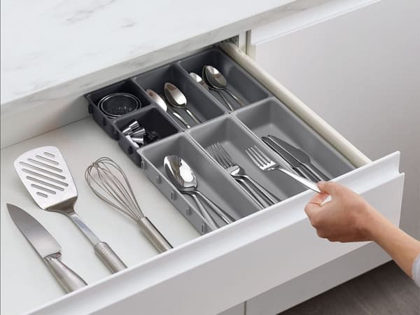 Kökslådsorganisatör, 10 delar, vit och grå, plast, justerbar besticklåda