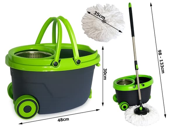 360° roterende moppesett med bøtte på hjul, 2 mikrofiberputer, justerbart håndtak