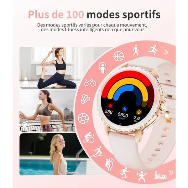 Damers Smartwatch, Roséguld, 1.27\" HD, Rostfritt Stål, Diamant, Bluetooth-samtal, Pulsmätare