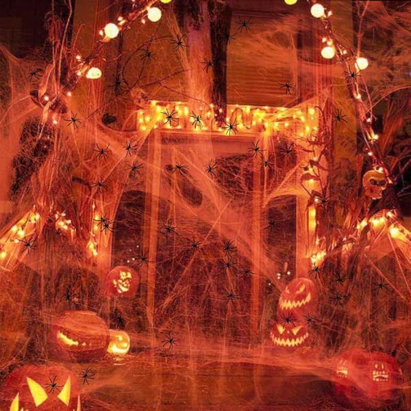 PUWOWYE Halloween-dekorasjon, 300g elastisk edderkoppnett og 50 kunstige edderkopper