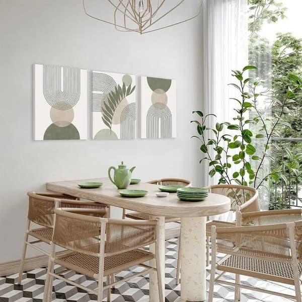 Boho Vægkunst Sæt med 3, Grøn Beige Geometrisk Linje Blad Sol Måne Indrammet Lærred, 30x40cm