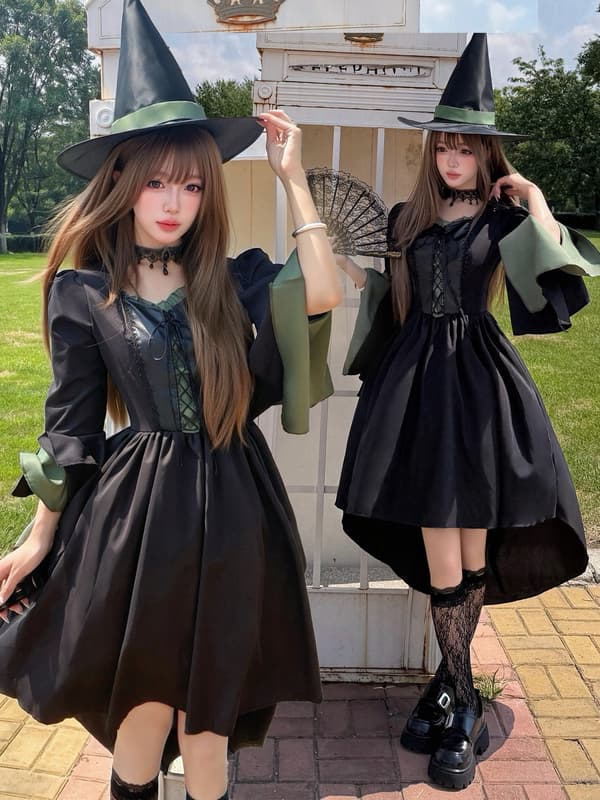 Sort gotisk heksekostumekjole til kvinder med hat, Cosplay Halloween Scenetøj