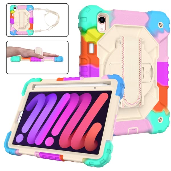 Robot silikon PC-deksel til iPad Mini 6, kontrastfarge blå, støtsikkert, med håndstropp