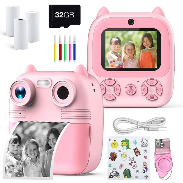 Børne-instantkamera, dobbeltlinse, 48 MP, termisk udskrivning, 32 GB, lyserød