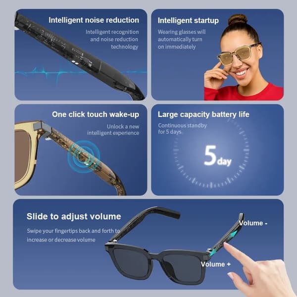 Smarte briller med UV400-beskyttelse, Bluetooth 5.3, berøringskontroll, vanntett, AI-assistent, magnetisk lading