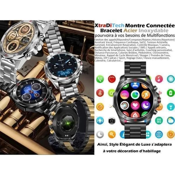 Herre Smartwatch, Sort og Guld Rustfrit Stål Armbånd, 1.43\" AMOLED Skærm, Bluetooth Opkald, Stemmeassistent