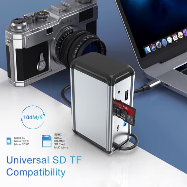 12-i-1 USB-C Hub Adapter, Sølv, med HDMI VGA Ethernet, 4K, Aluminium, til Bærbar Computer