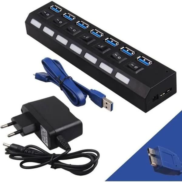 USB 3.0 Hub, 7-ports adapter med strømforsyning, automatisk skift, sort