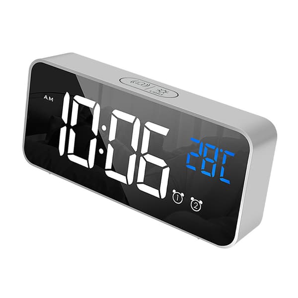 LED-väckarklocka, silver, speglad yta, tyst, multifunktionell, sängklocka för hem, sovrum, kontor
