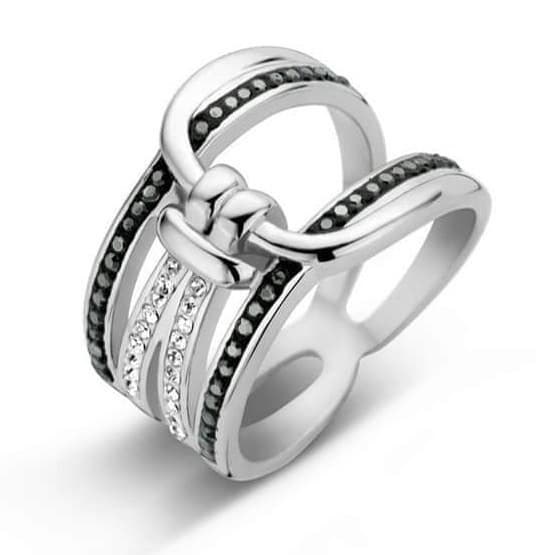 Sølvfarvet ring med sorte og hvide sten, rustfrit stål, størrelse 56 (17,8 mm)