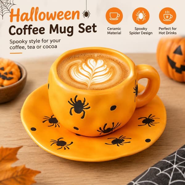 Halloween Kaffemugg 320ml Keramik Spöklik Spindelstil med Fat