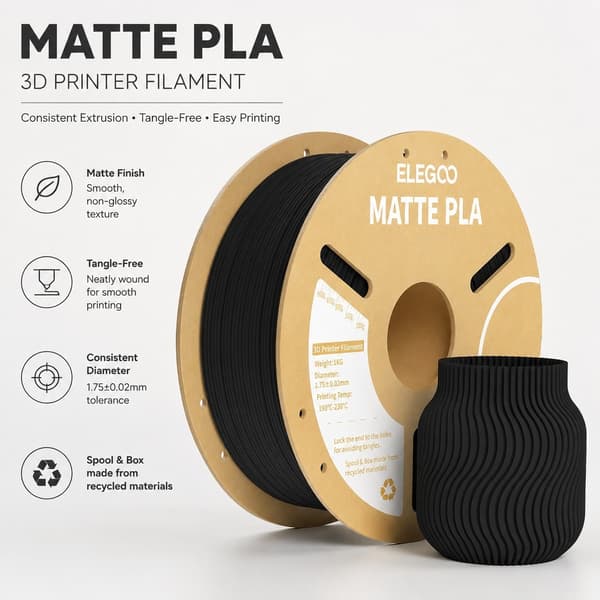 PLA Mat Filament 1.75mm, Sort, 1kg, 3D Printer Filament, Lav Glans, Høj Præcision