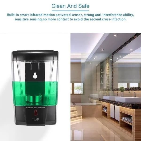 Väggmonterad Beröringsfri Tvåldispenser 700ml, Infraröd Sensor, för Kök & Badrum, Svart