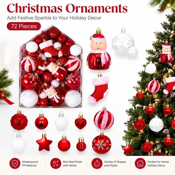 Röda julgranskulor med glitter, okrossbara PP-hängdekorationer, 72-pack
